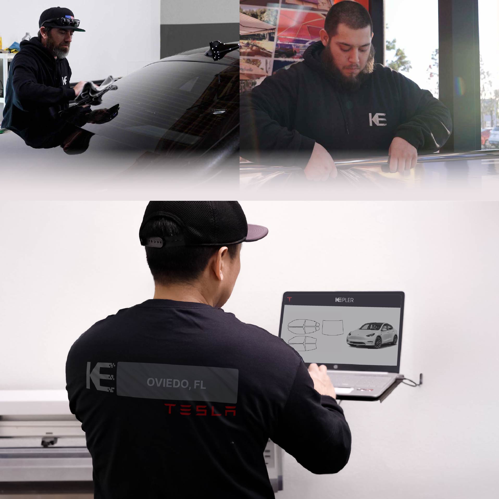 Expert Technician Applying High-tech Window Tint to Tesla in Oviedo