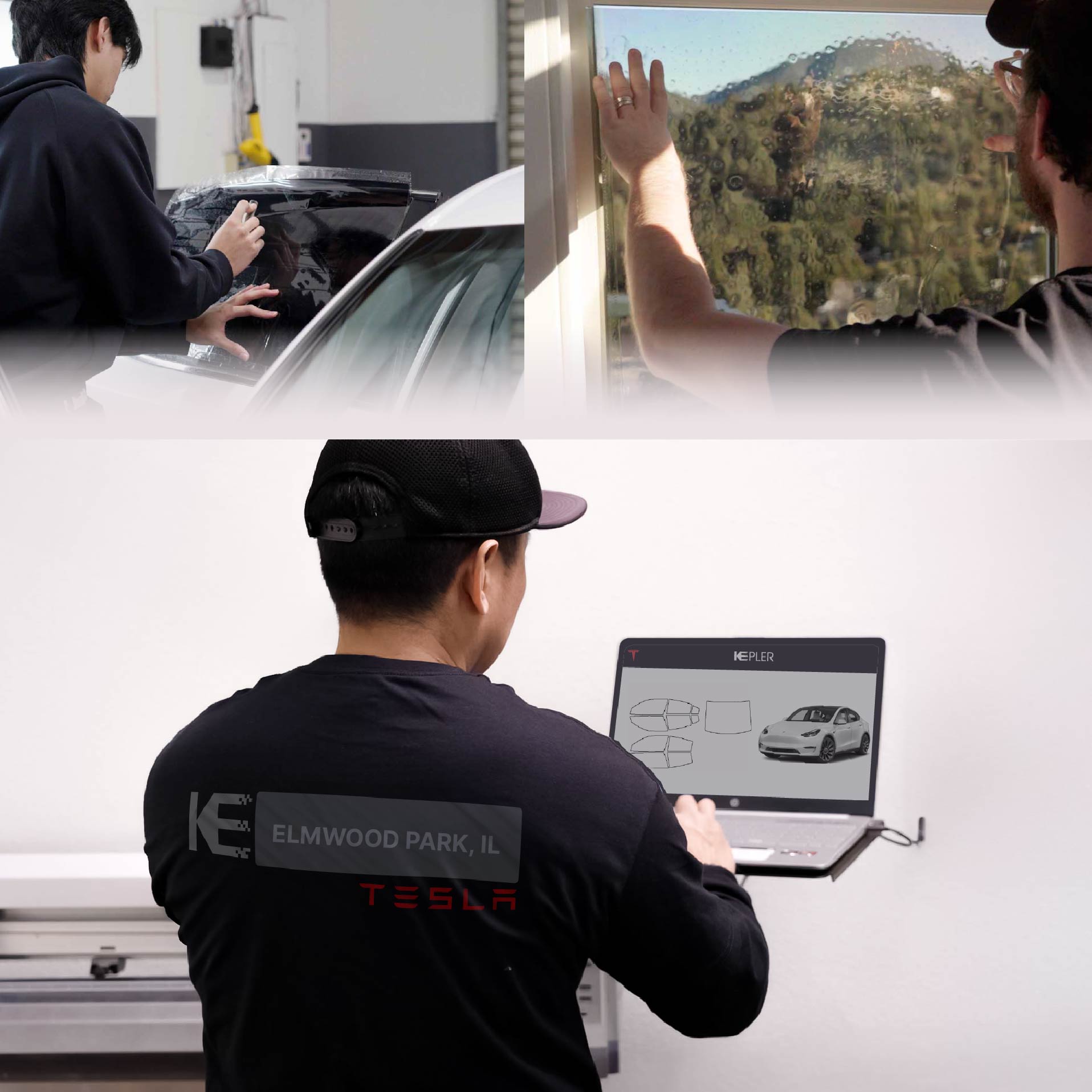 Expert Technician Installing Advanced Window Tint to Tesla in Elmwood Park