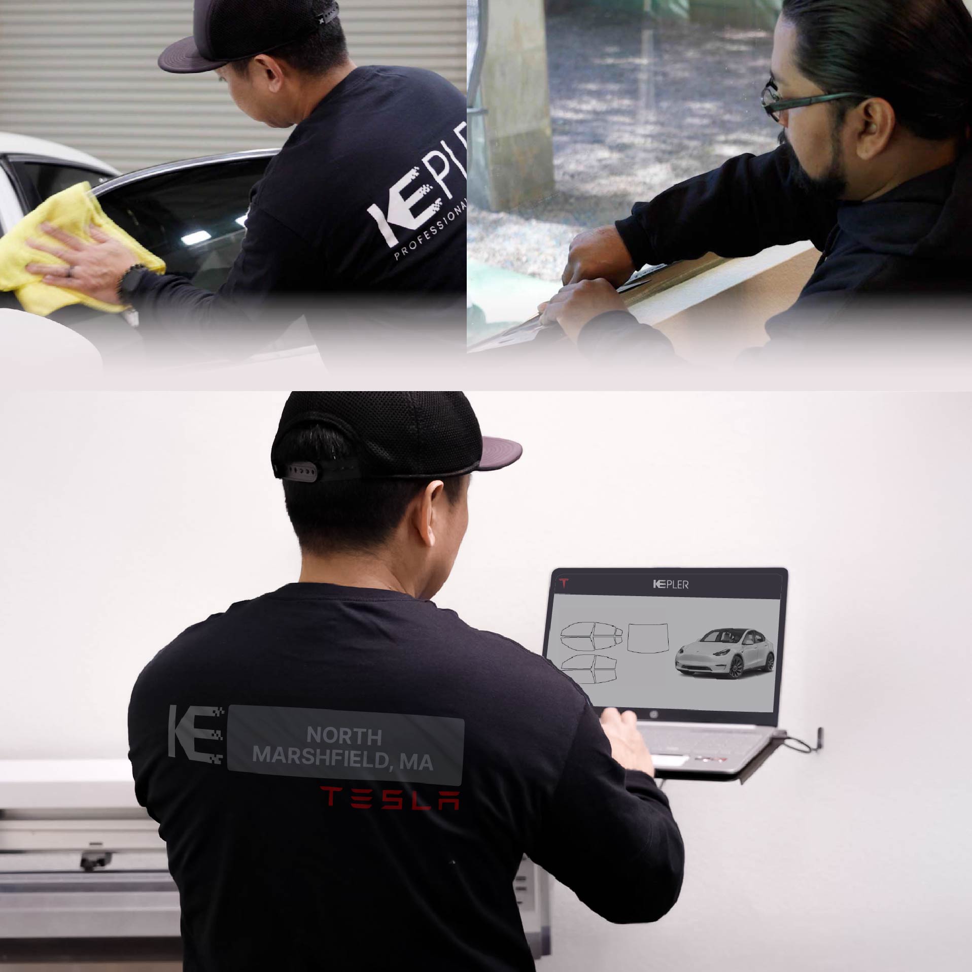 Expert Technician Fitting Ceramic Window Tint to Tesla in North Marshfield