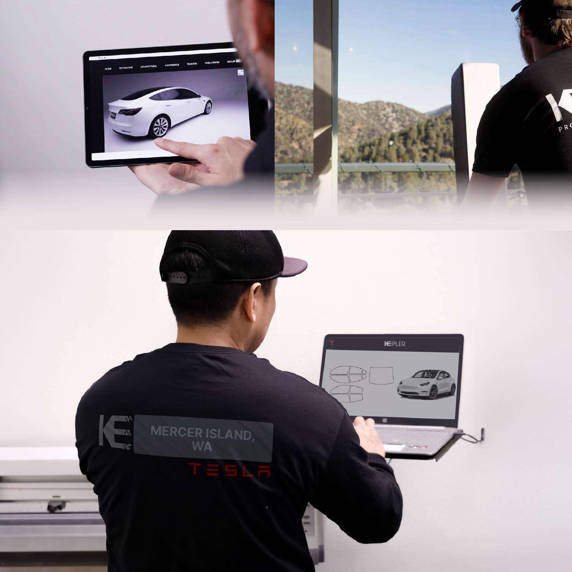 Kepler Technician Installing High-tech Window Tint to Tesla in Mercer Island