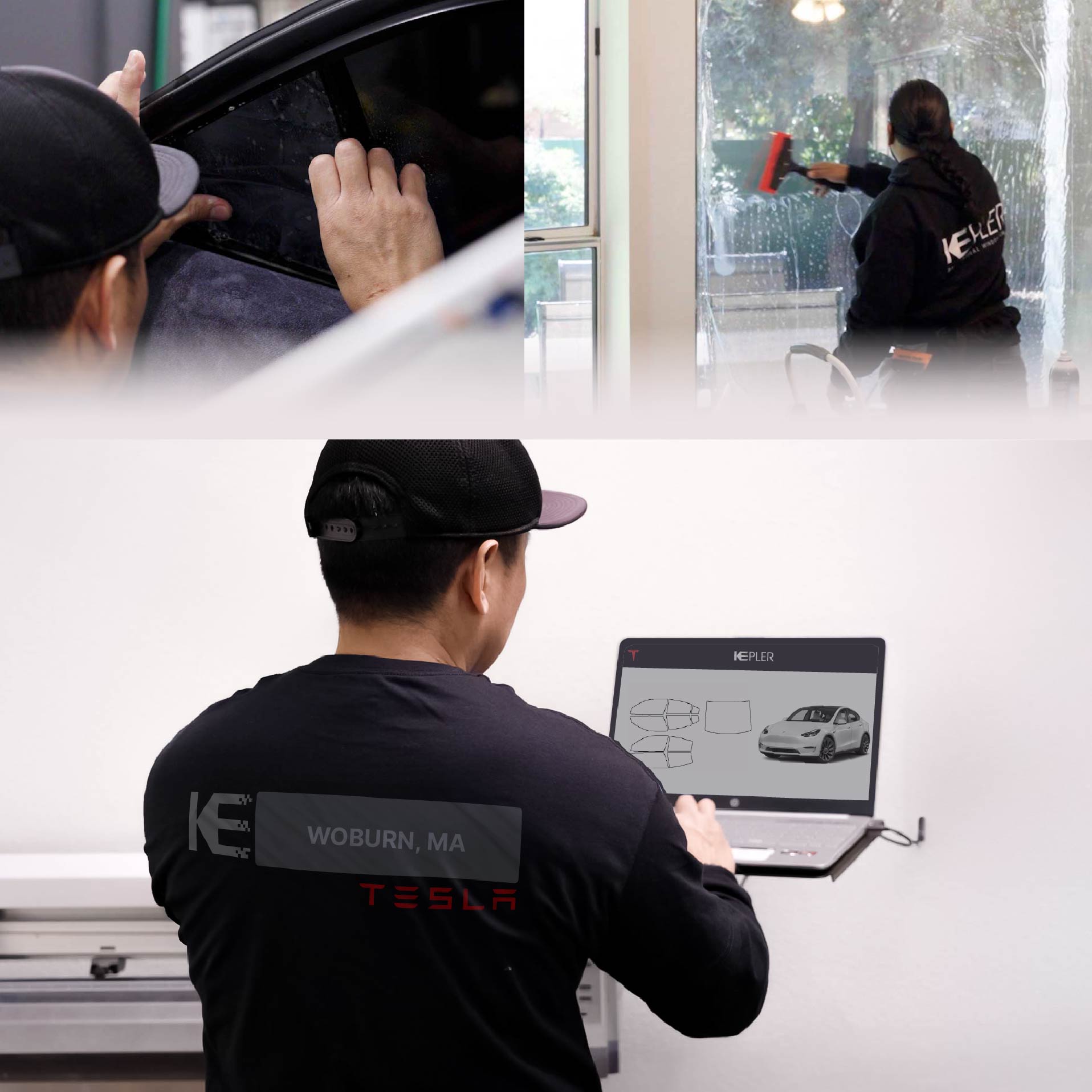 Expert Technician Applying High-tech Window Tint to Tesla in Woburn
