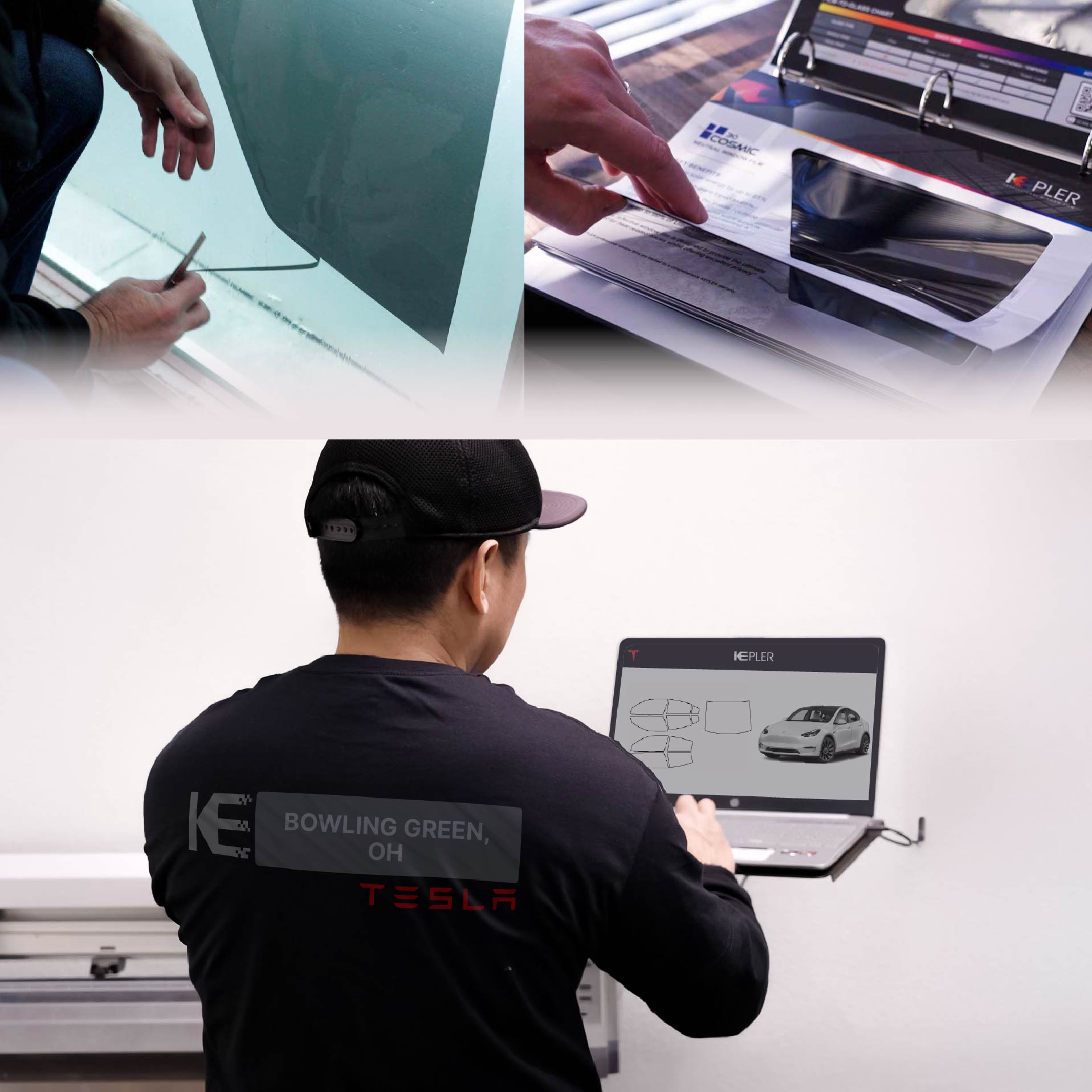 Expert Technician Applying High-tech Window Tint to Tesla in Bowling Green
