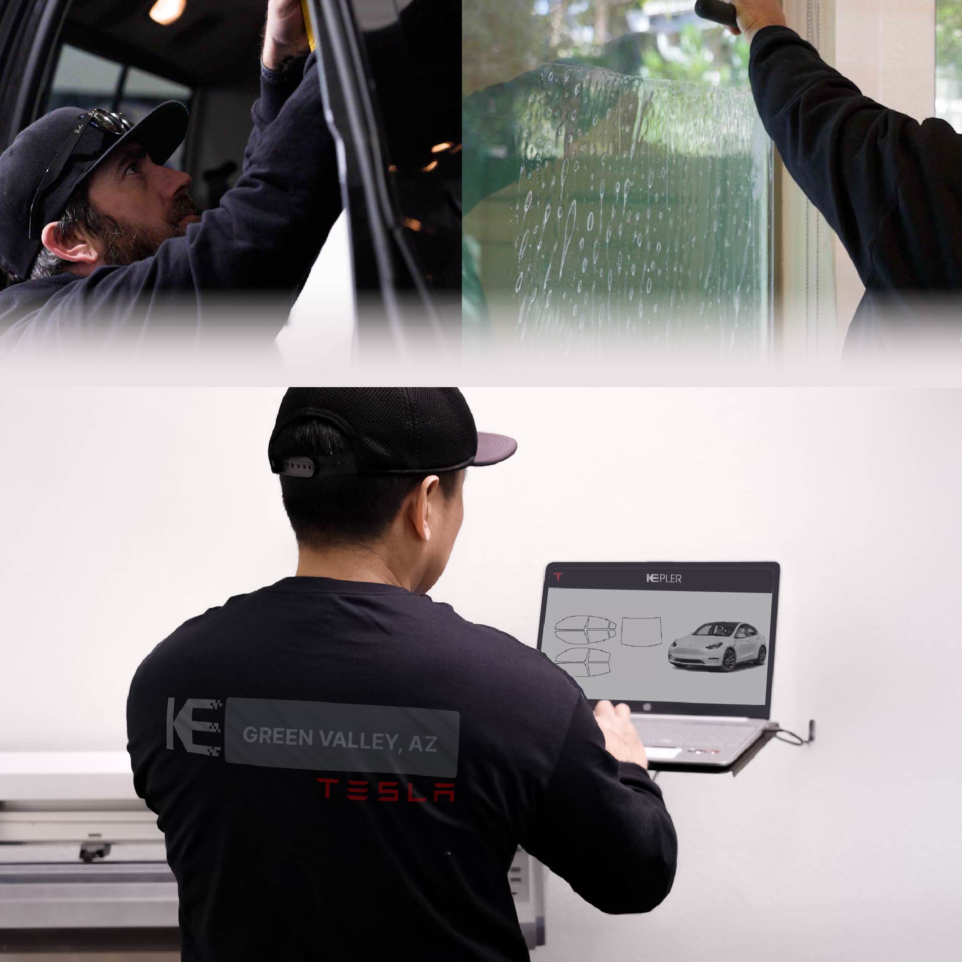 Expert Technician Installing Advanced Window Tint to Tesla in Green Valley