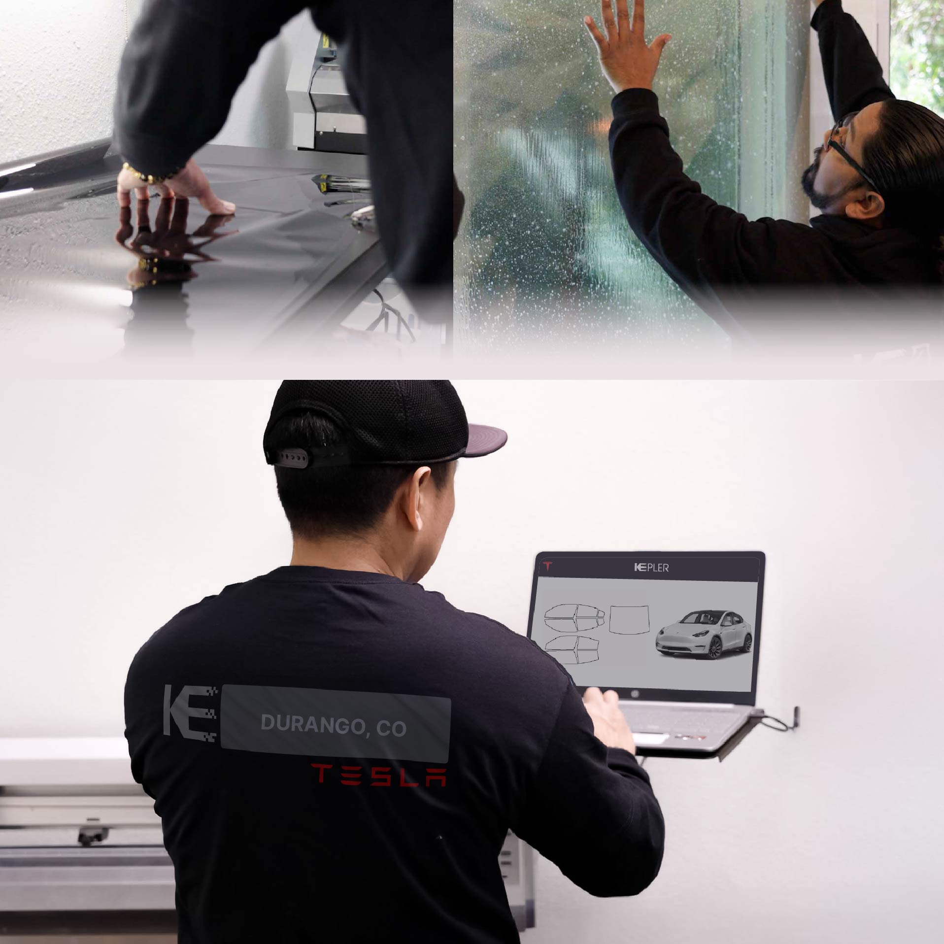 Expert Technician Fitting Ceramic Window Tint to Tesla in Durango