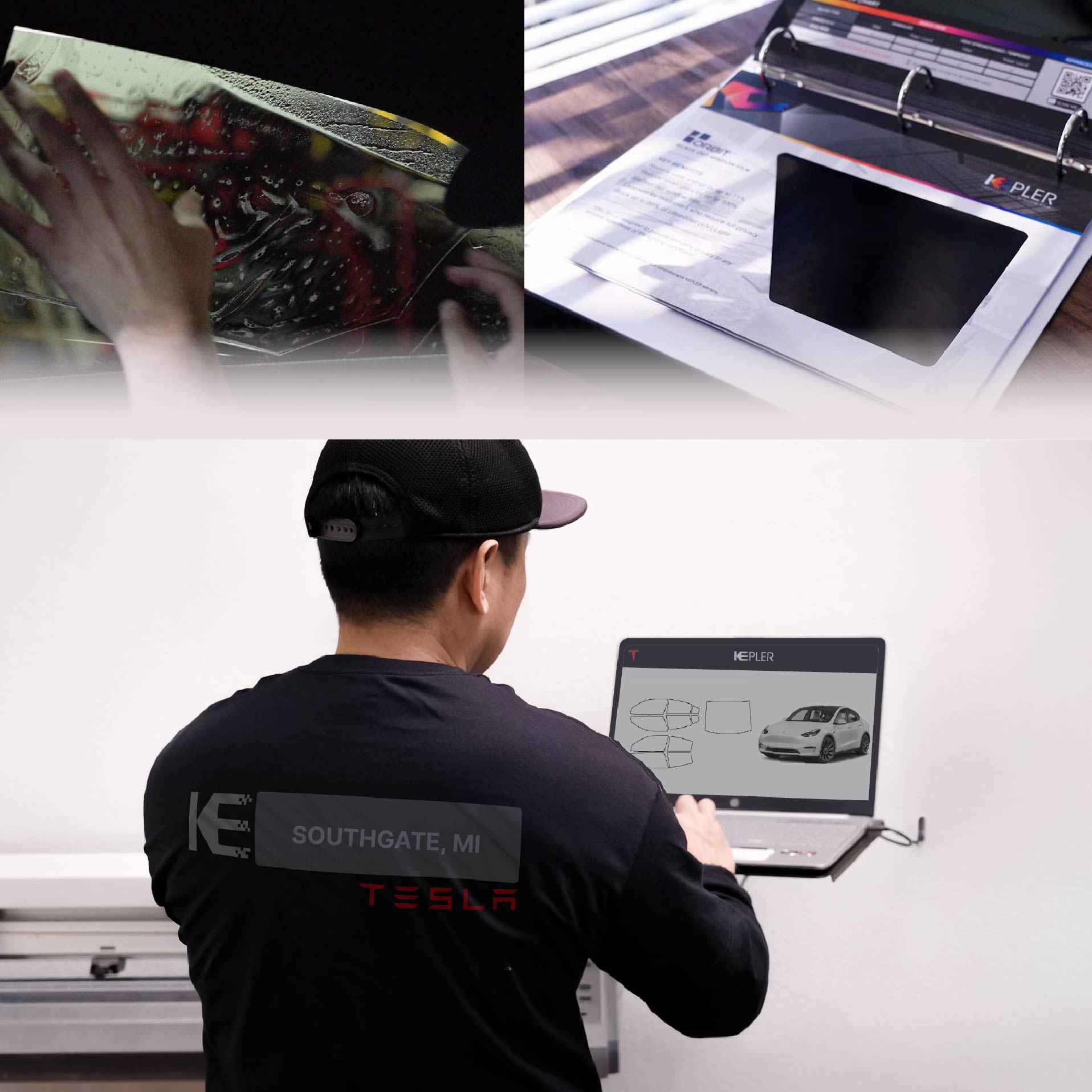Expert Technician Installing Advanced Window Tint to Tesla in Southgate