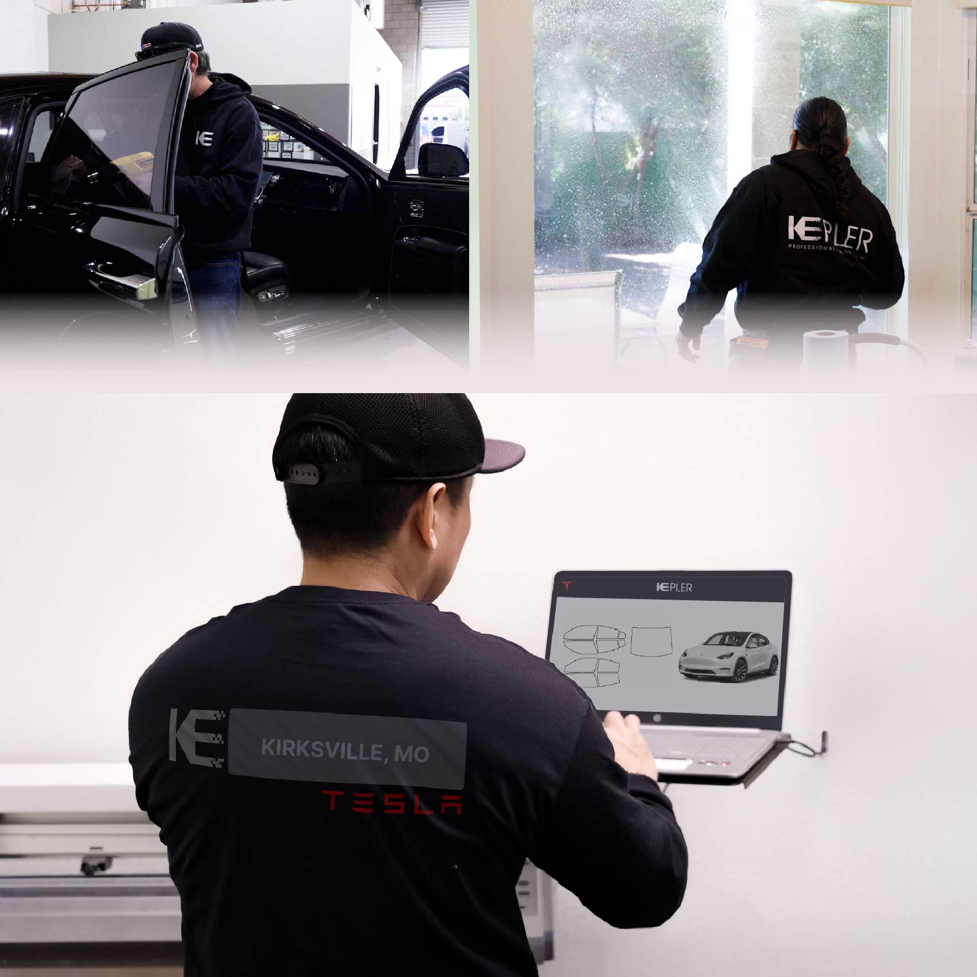 Kepler Technician Fitting Ceramic Window Tint to Tesla in Kirksville