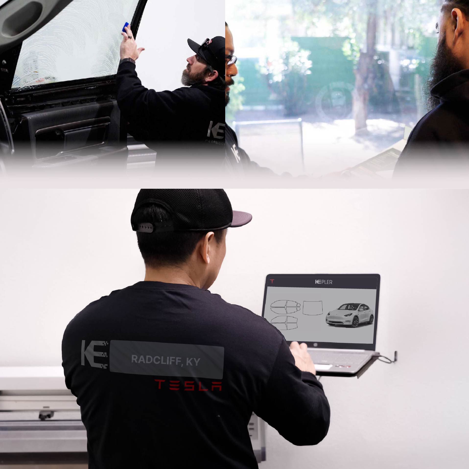 Expert Technician Fitting High-tech Window Tint to Tesla in Radcliff