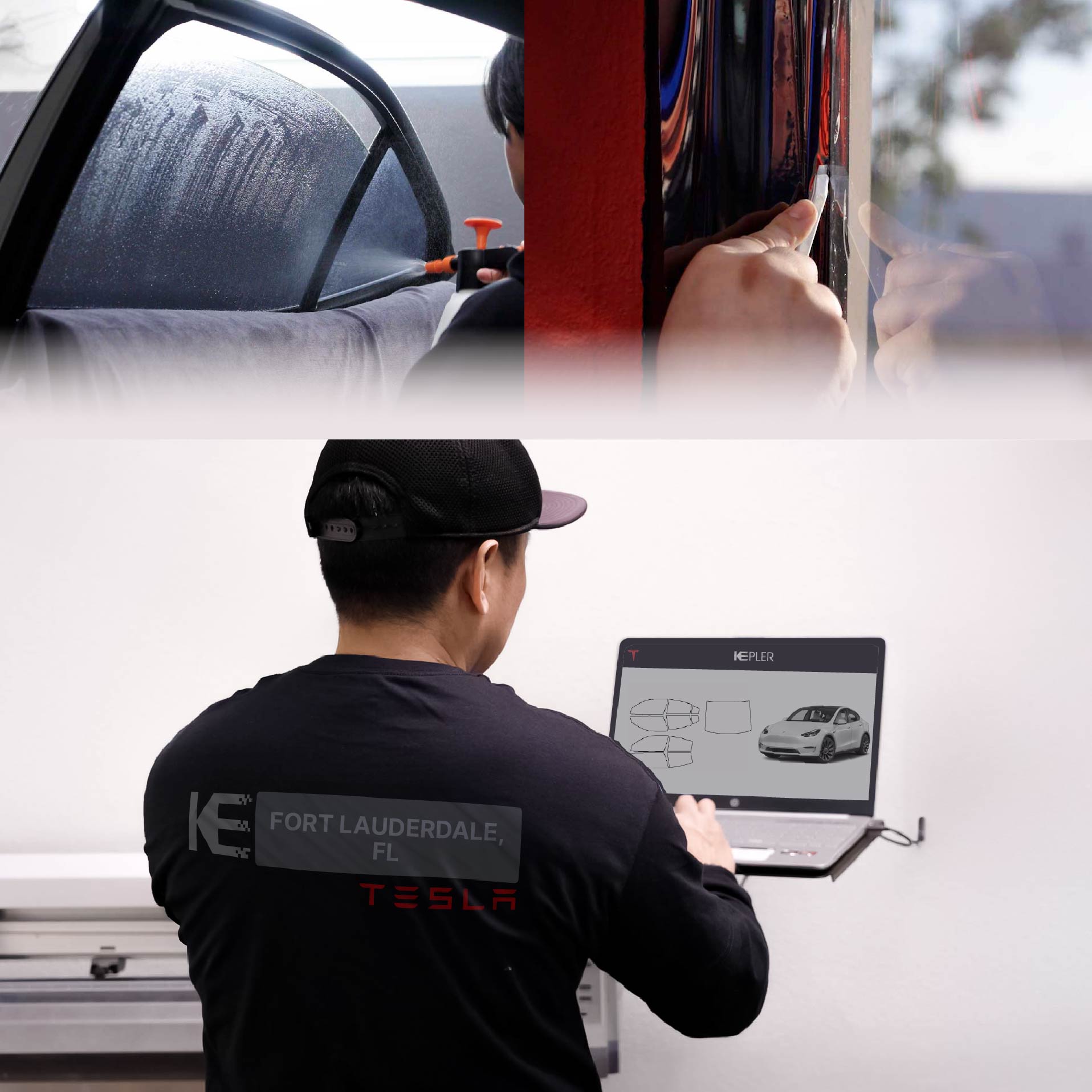 Kepler Technician Installing High-tech Window Tint to Tesla in Fort Lauderdale