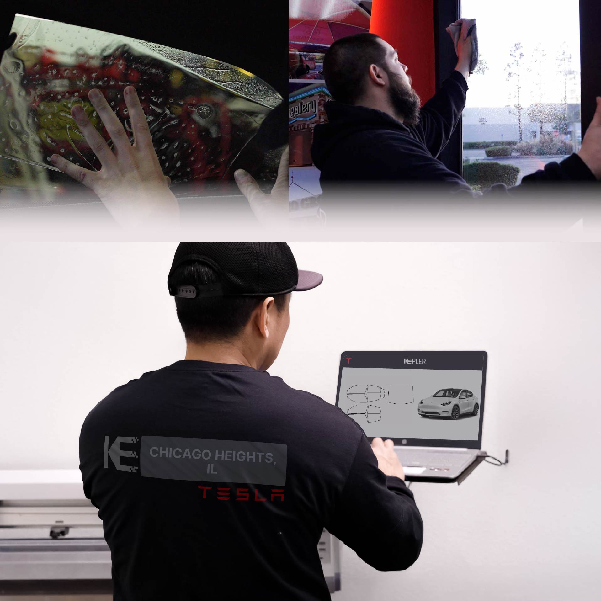 Kepler Technician Applying Advanced Window Tint to Tesla in Chicago Heights