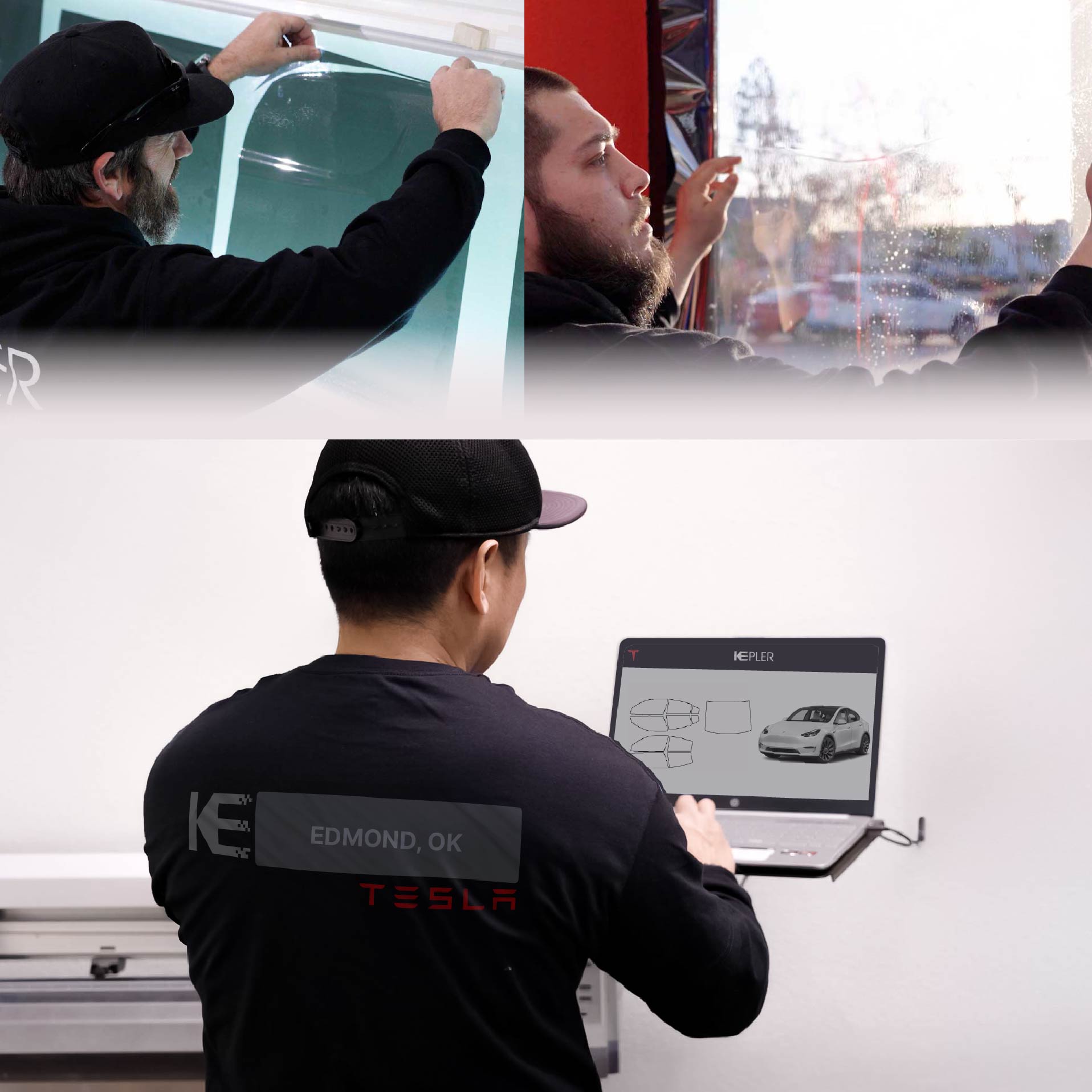 Expert Technician Applying Ceramic Window Tint to Tesla in Edmond