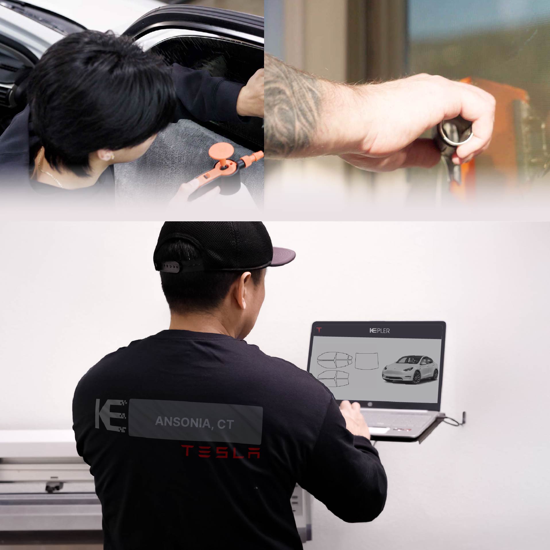 Kepler Technician Installing Ceramic Window Tint to Tesla in Ansonia