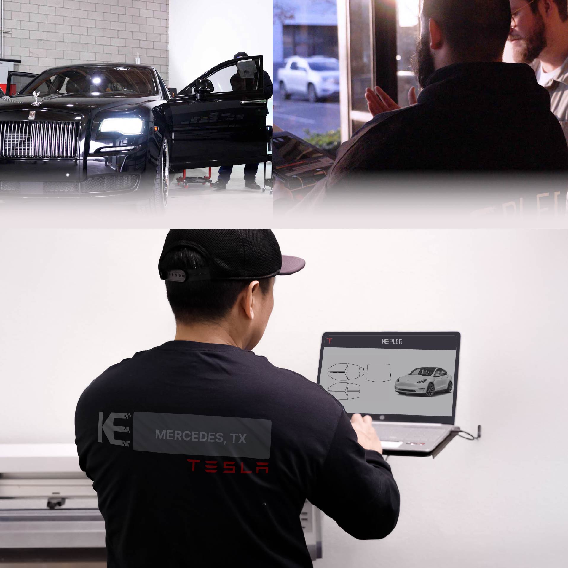 Kepler Technician Applying Advanced Window Tint to Tesla in Mercedes