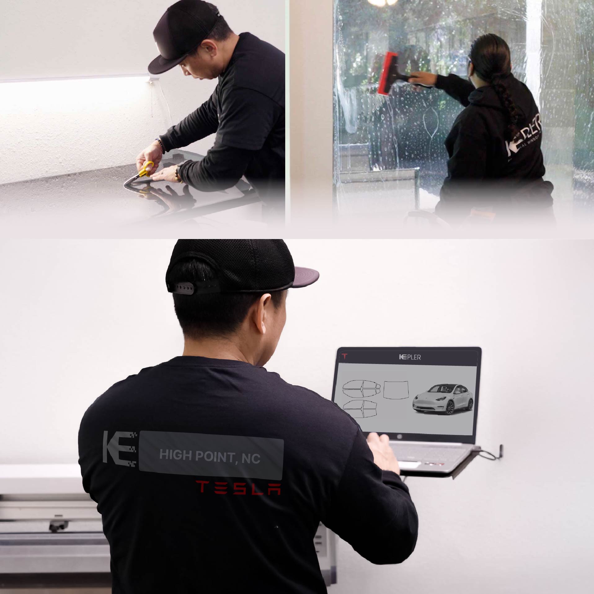 Expert Technician Installing High-tech Window Tint to Tesla in High Point