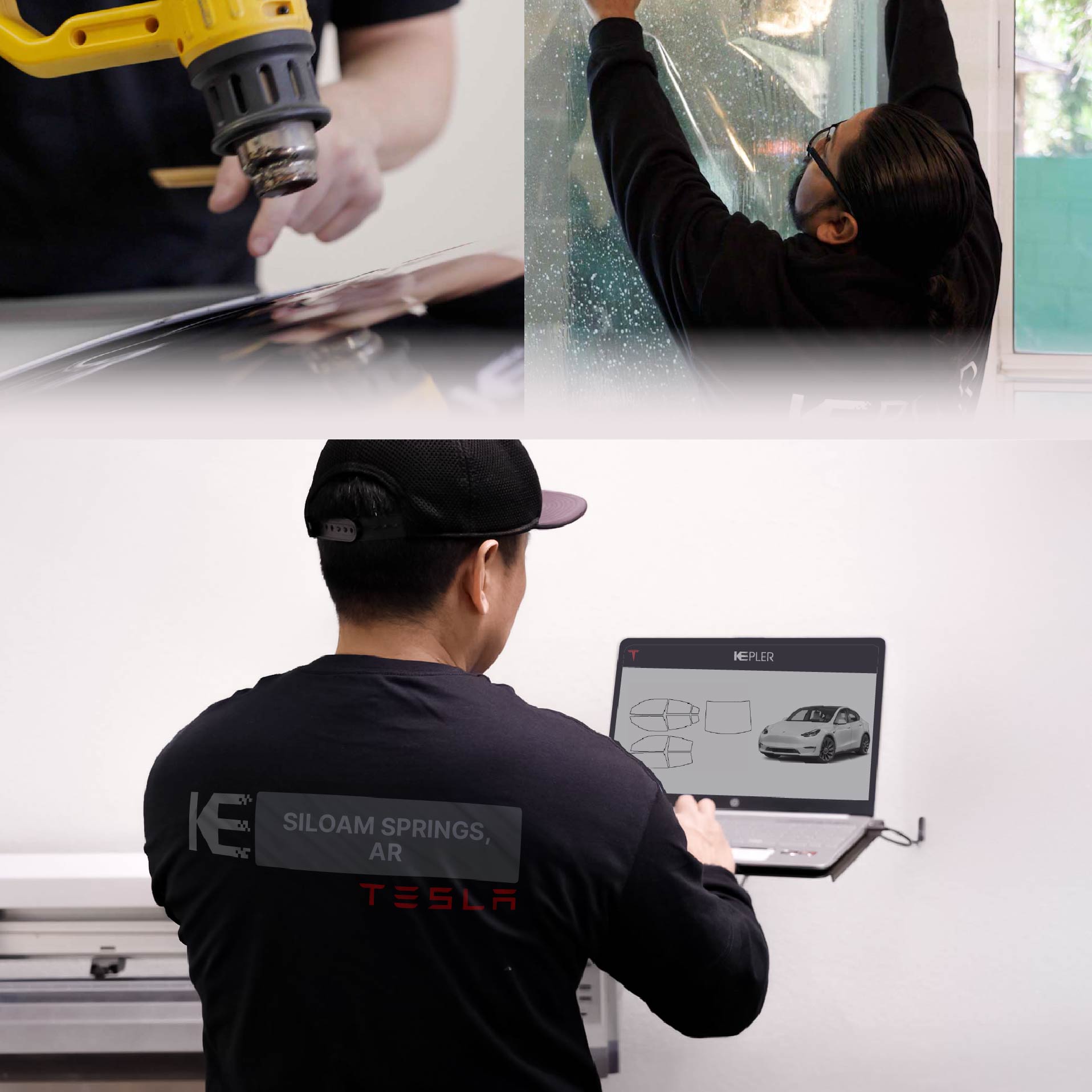 Kepler Technician Fitting High-tech Window Tint to Tesla in Siloam Springs