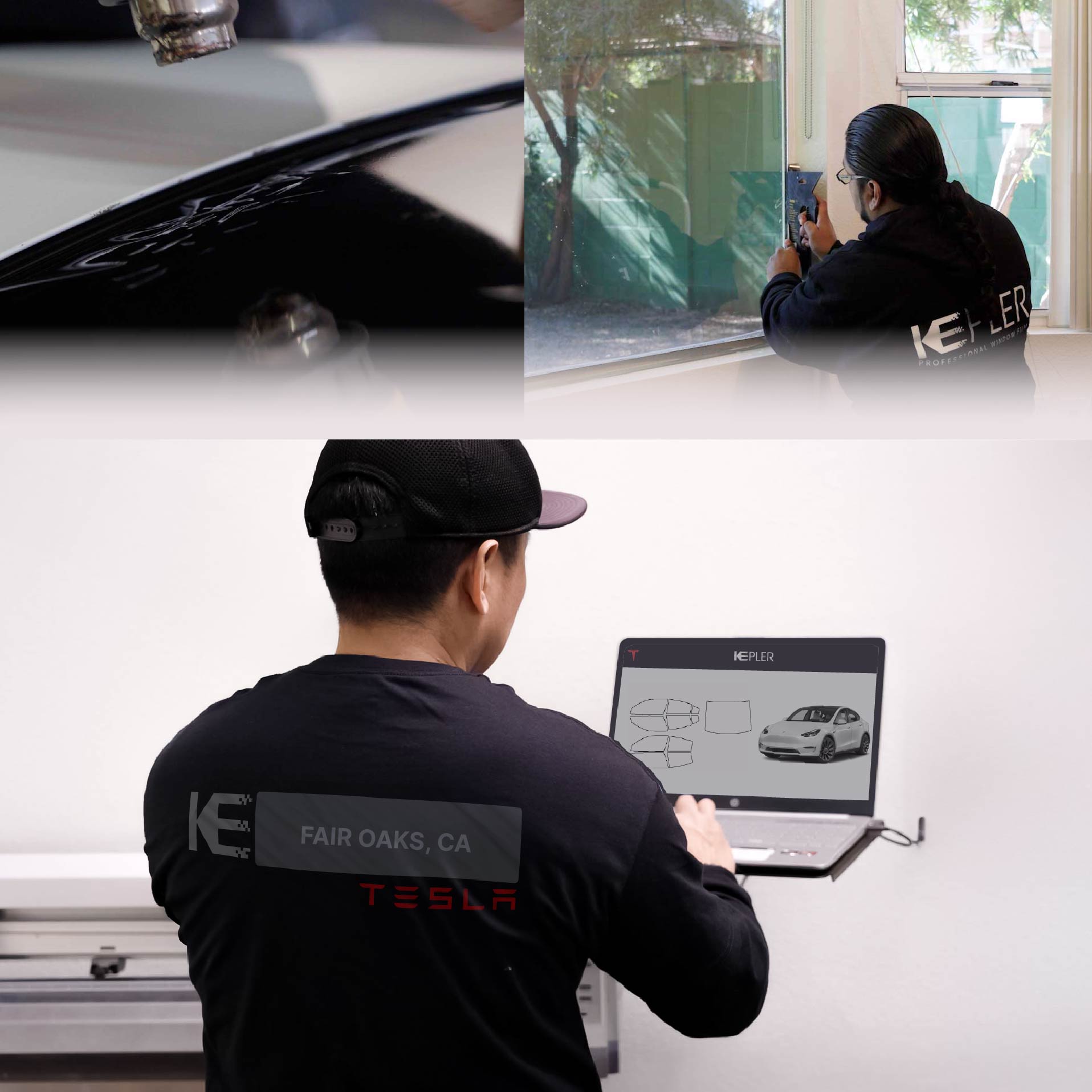 Expert Technician Applying Advanced Window Tint to Tesla in Fair Oaks