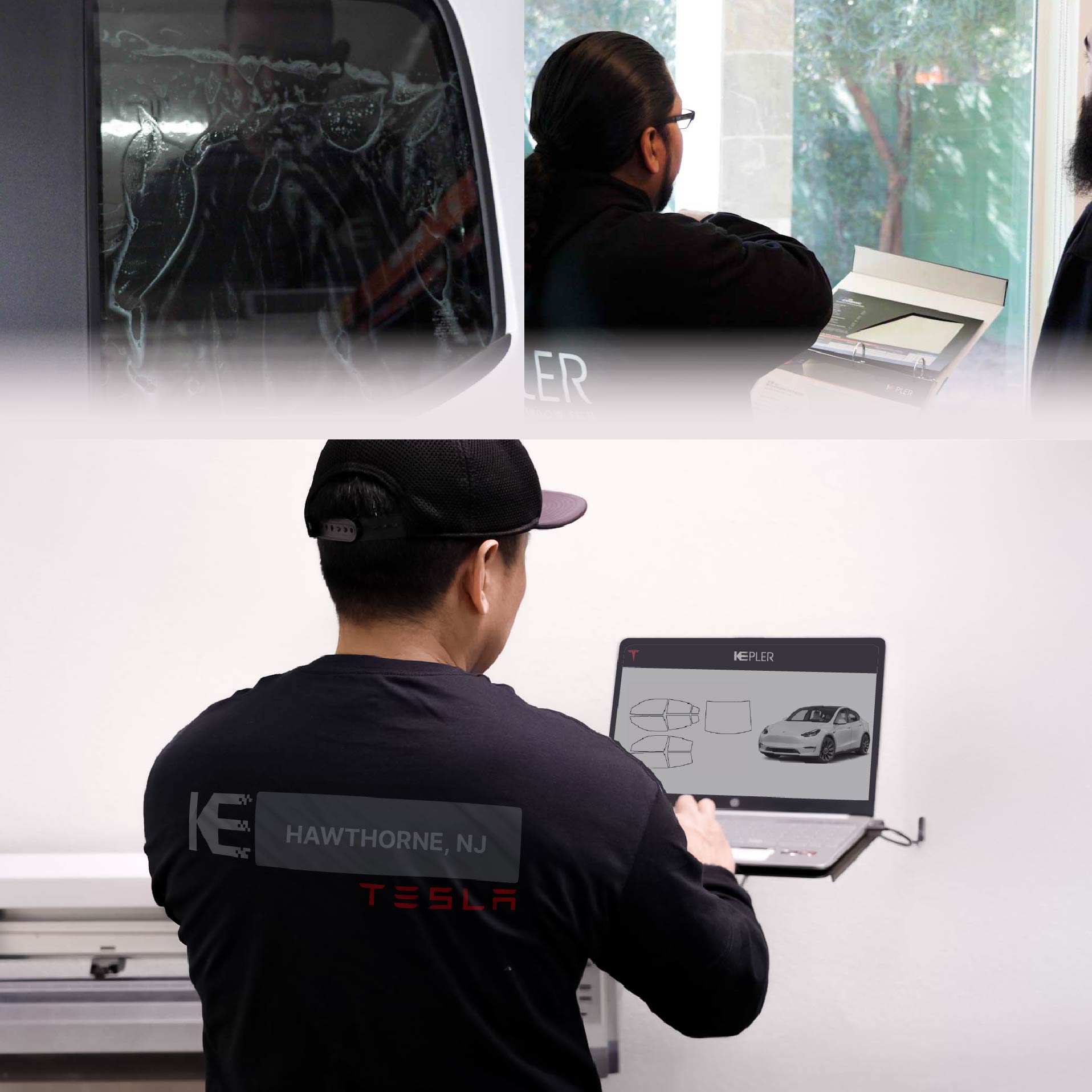 Kepler Technician Installing Ceramic Window Tint to Tesla in Hawthorne