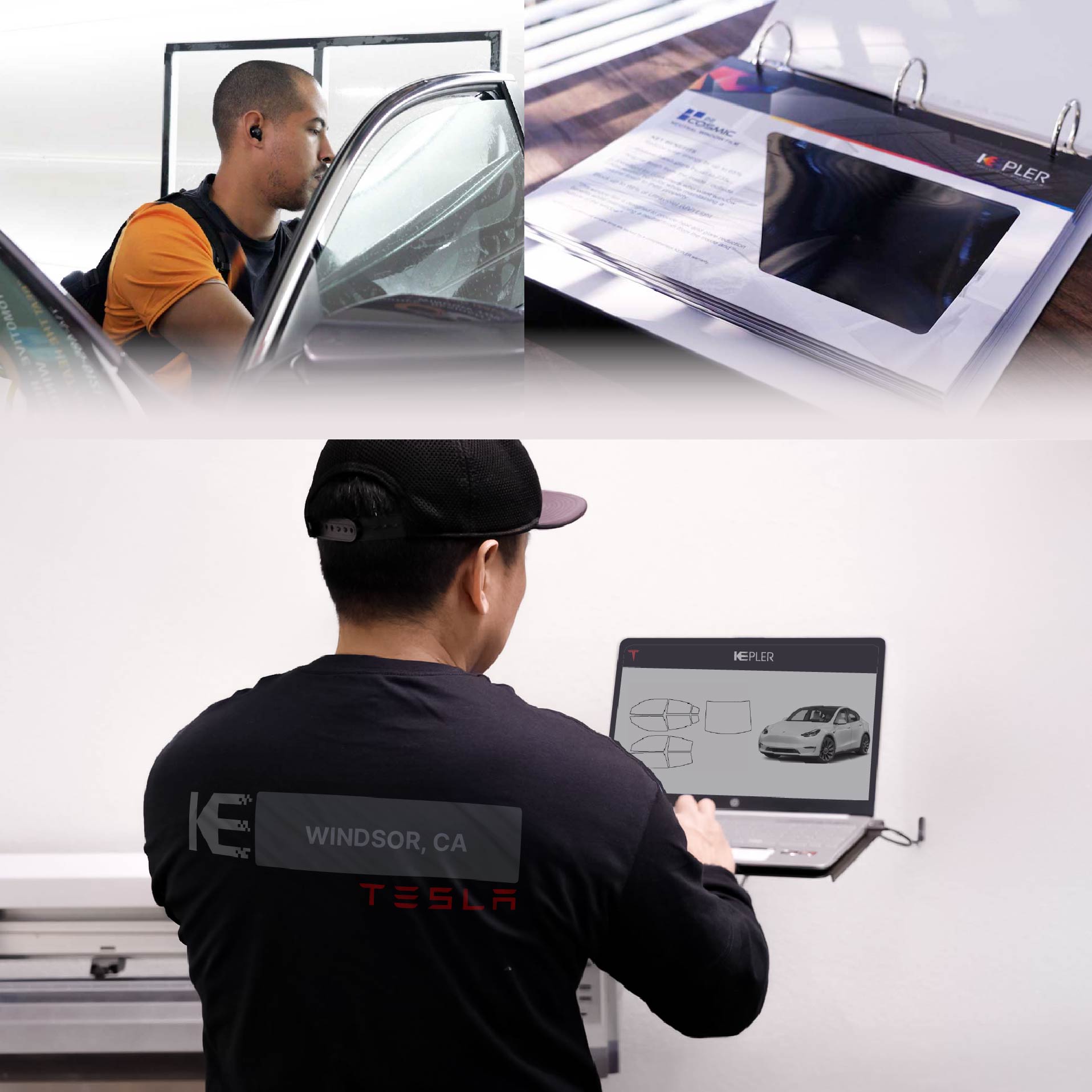 Expert Technician Fitting High-tech Window Tint to Tesla in Windsor