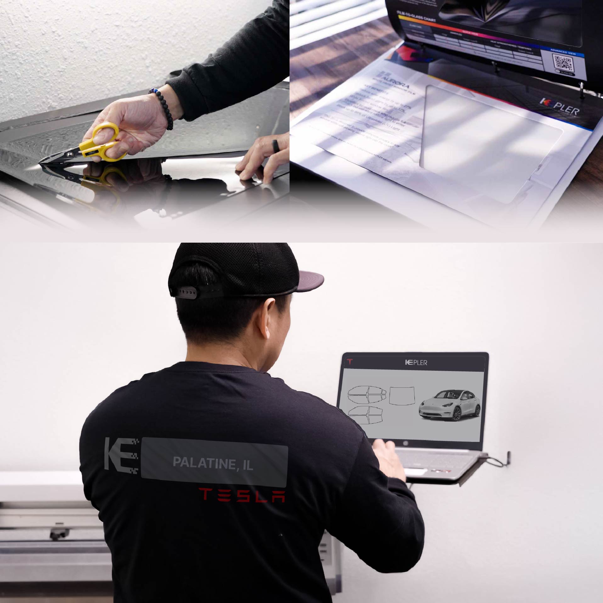 Kepler Technician Installing Ceramic Window Tint to Tesla in Palatine