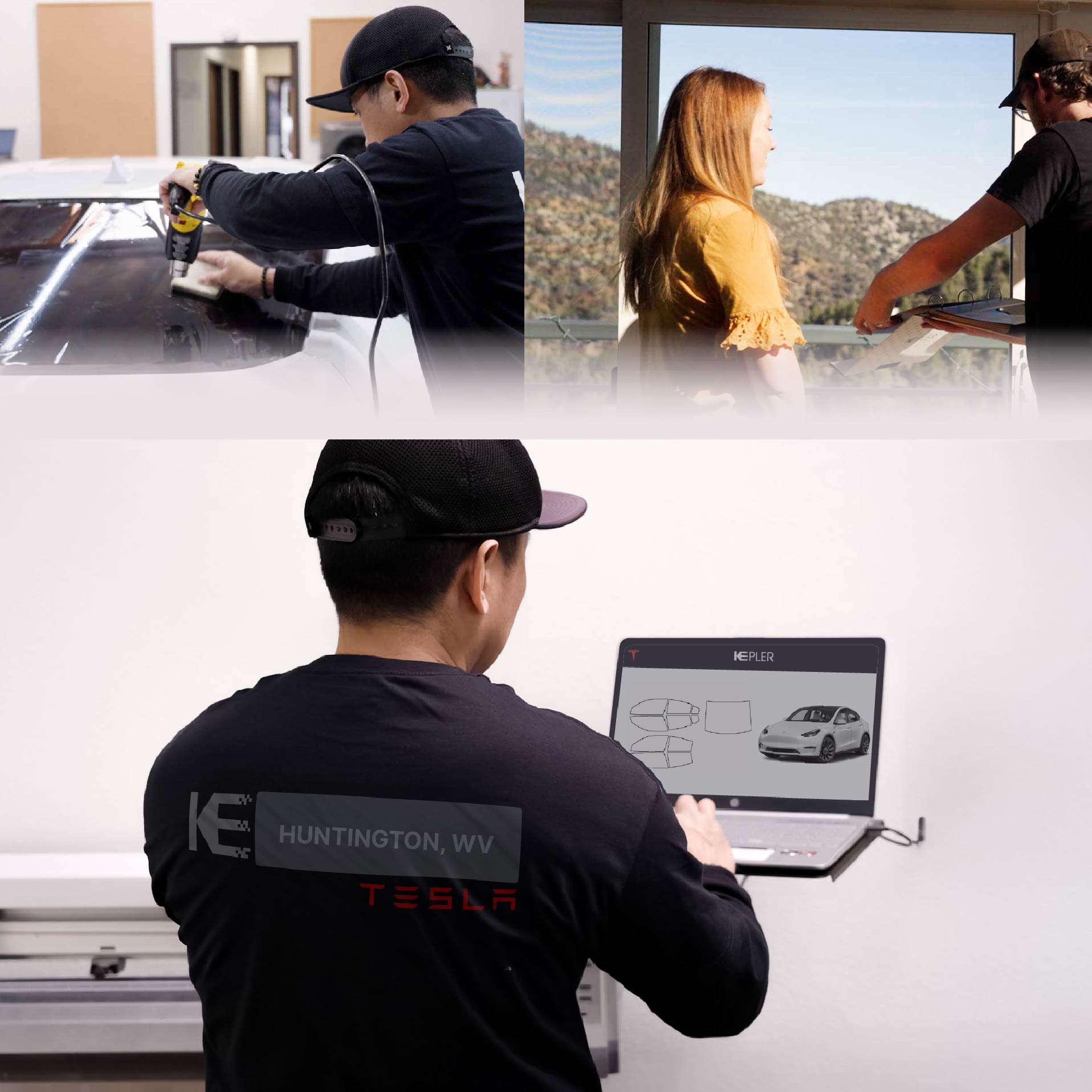 Kepler Technician Fitting Ceramic Window Tint to Tesla in Huntington