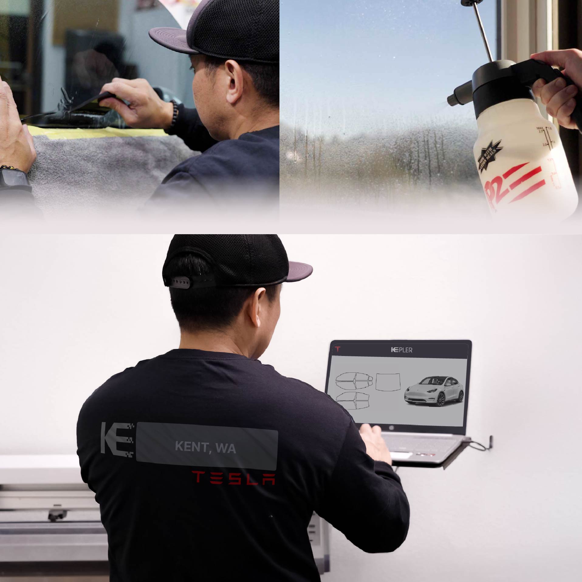 Kepler Technician Installing Ceramic Window Tint to Tesla in Kent