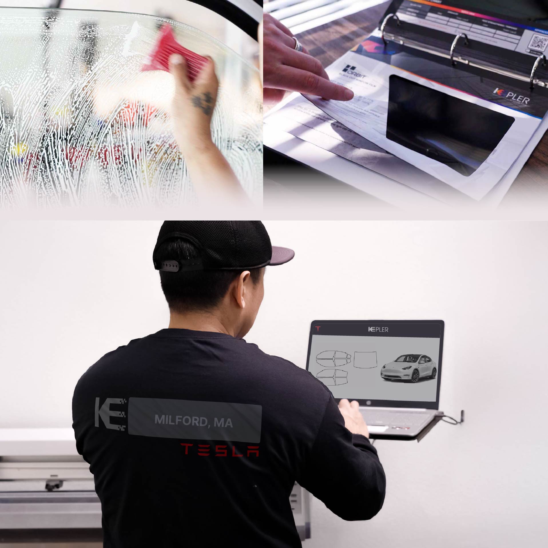 Kepler Technician Installing Advanced Window Tint to Tesla in Milford