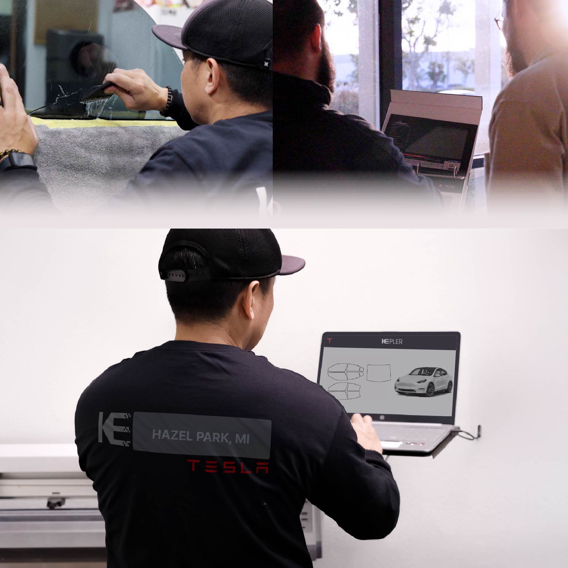 Kepler Technician Fitting Advanced Window Tint to Tesla in Hazel Park