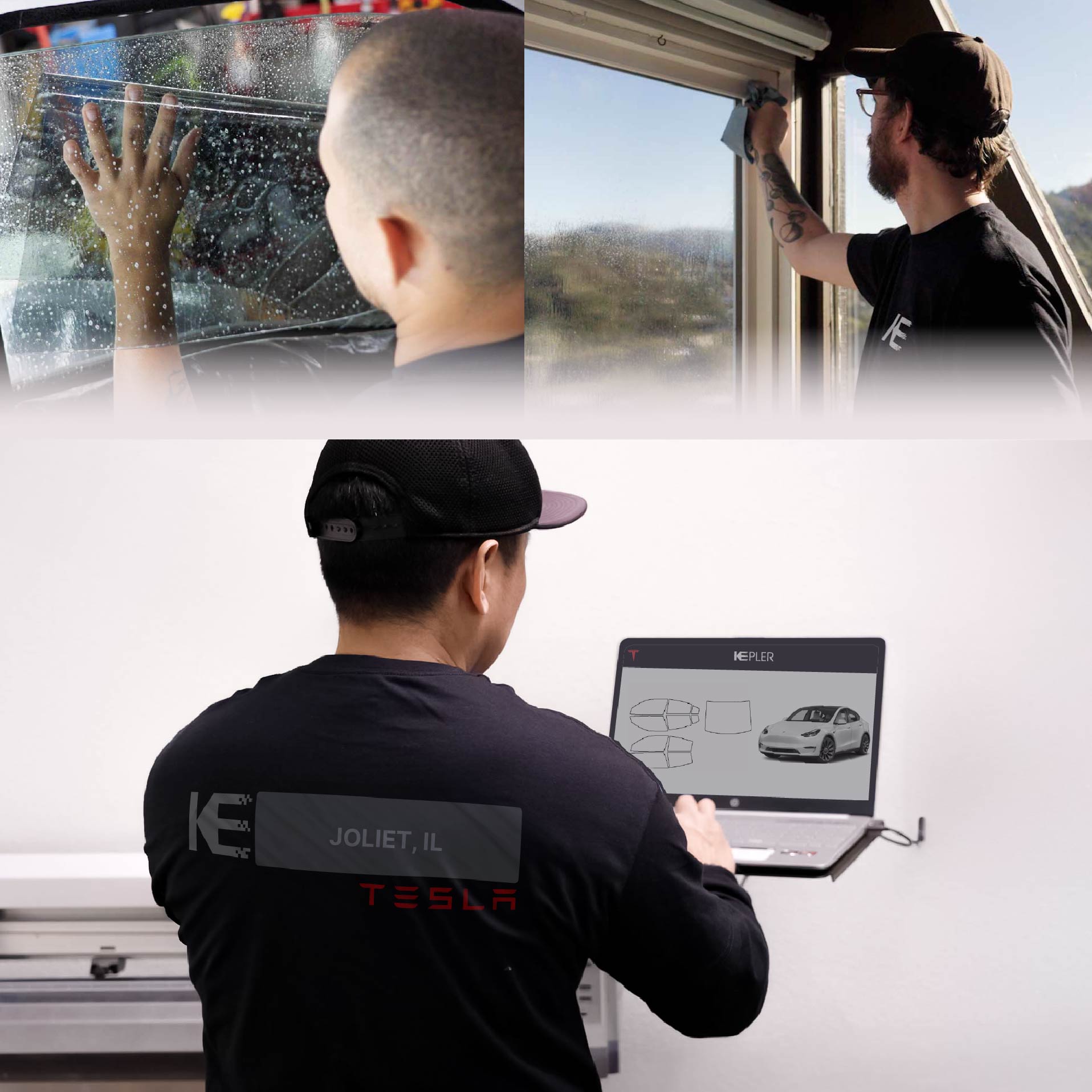 Expert Technician Installing Advanced Window Tint to Tesla in Joliet