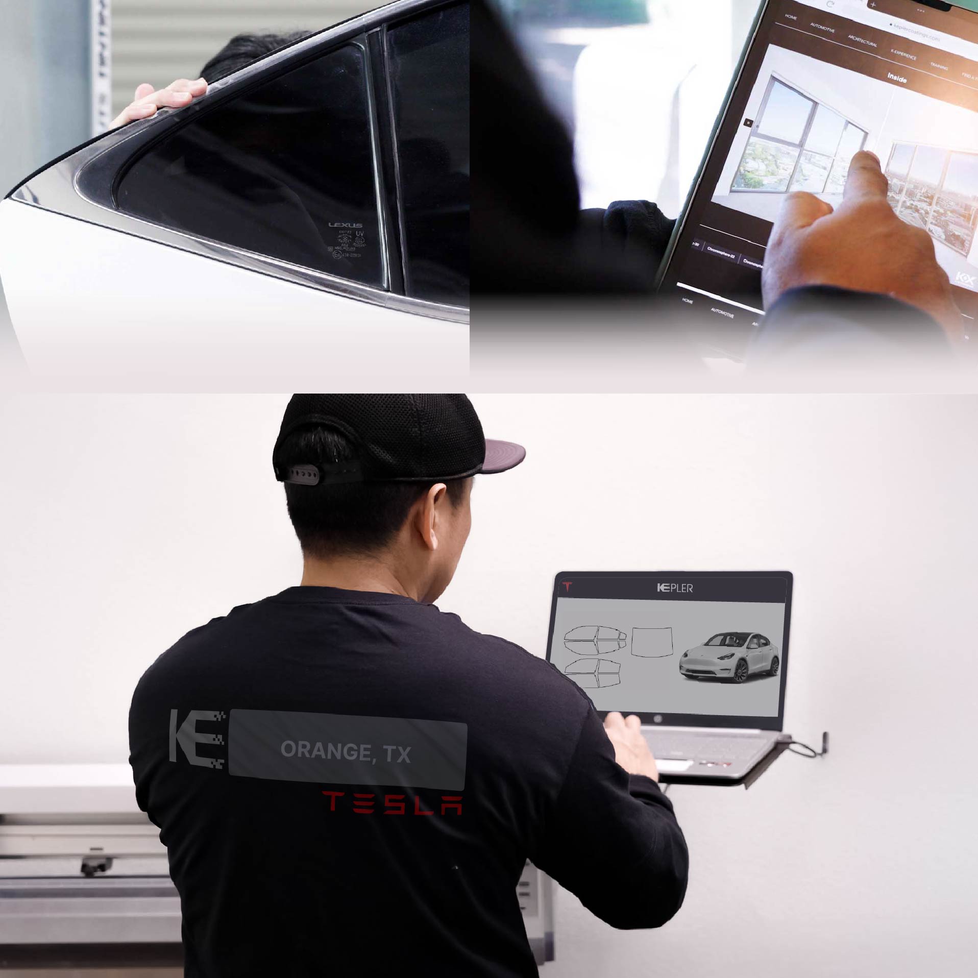 Kepler Technician Installing Ceramic Window Tint to Tesla in Orange