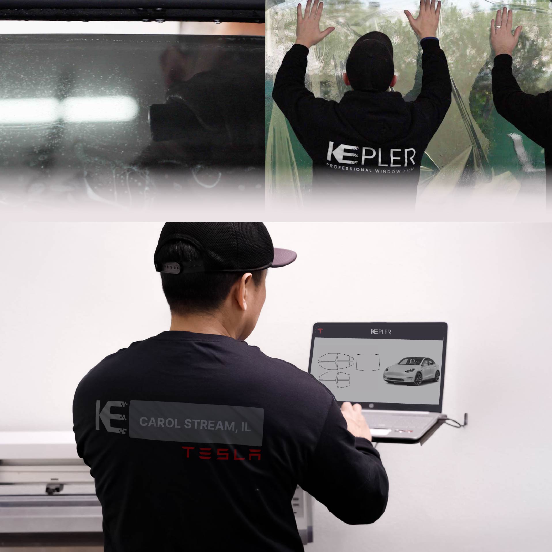 Kepler Technician Applying Advanced Window Tint to Tesla in Carol Stream