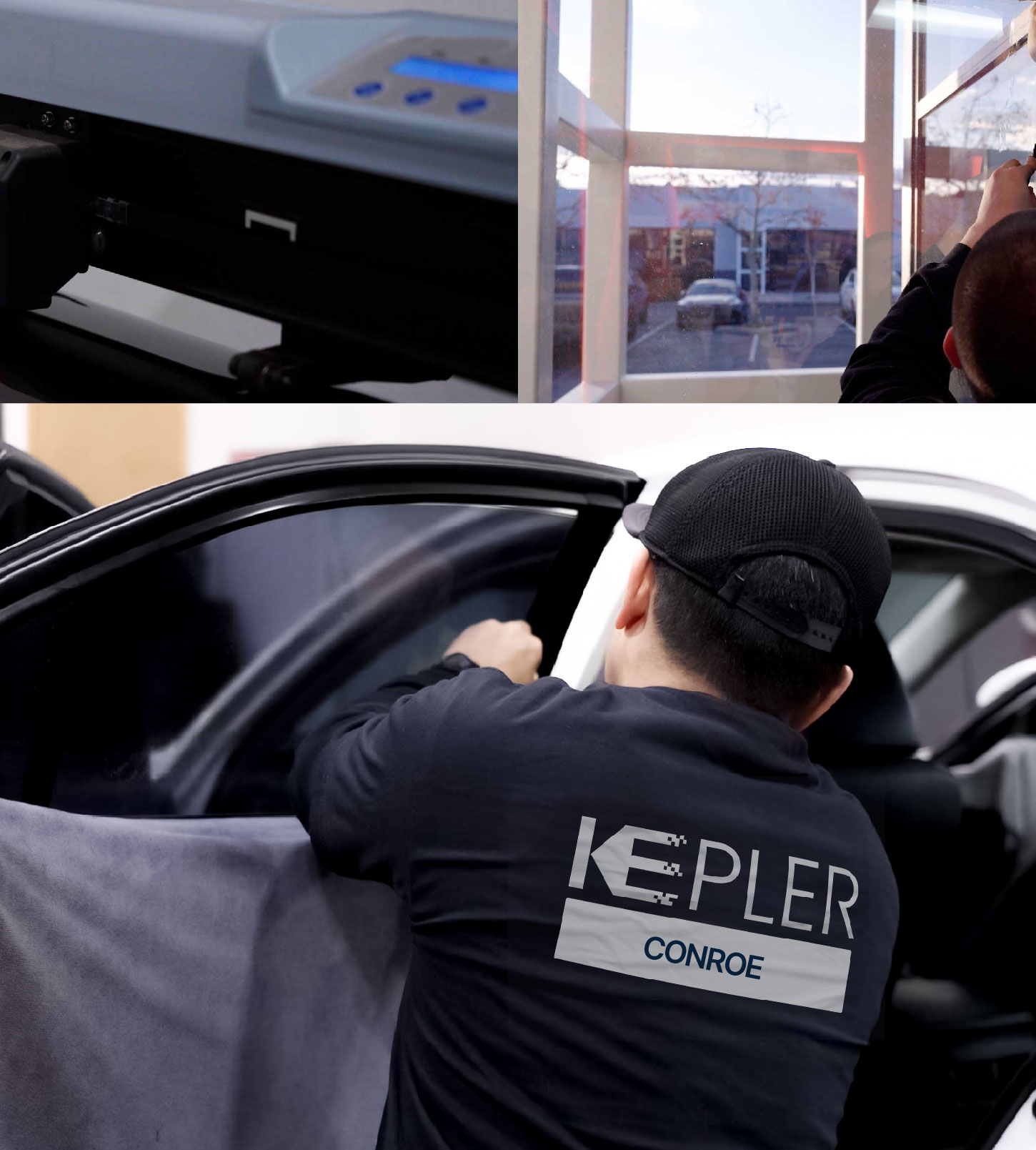 Automotive Window Tinting Expert Applying Film in Conroe, Texas