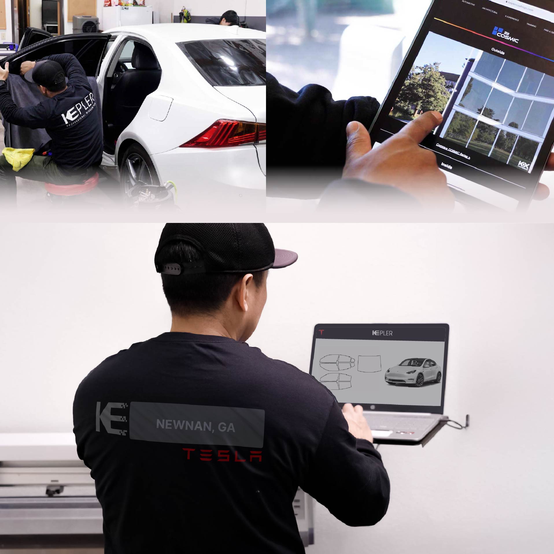 Kepler Technician Applying Advanced Window Tint to Tesla in Newnan