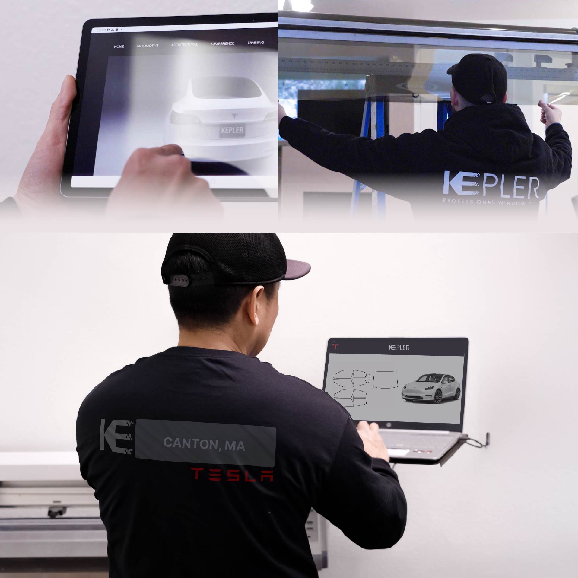 Kepler Technician Fitting Advanced Window Tint to Tesla in Canton