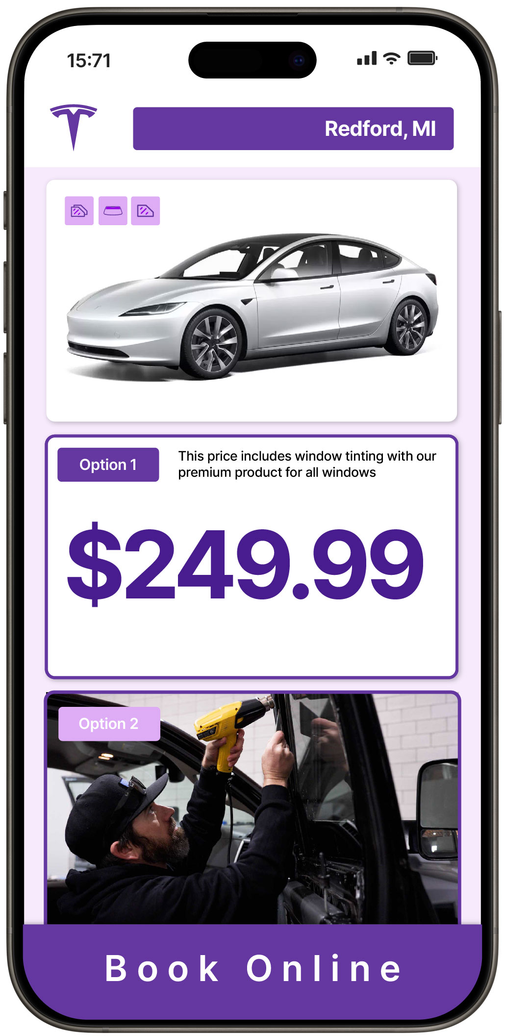 View Reasonable Tesla Window Tinting Costs in Redford, Michigan