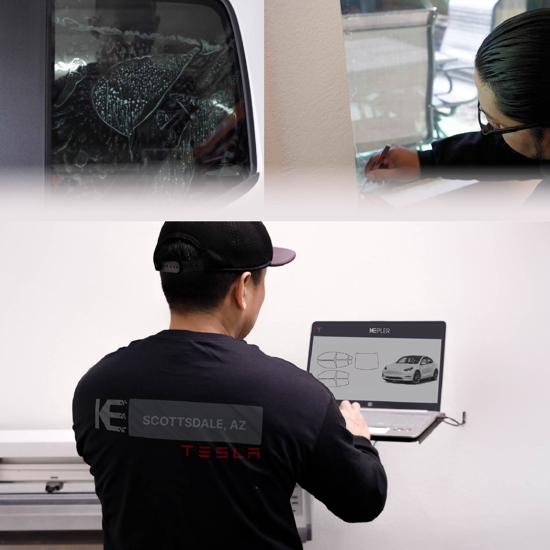 Expert Technician Installing Advanced Window Tint to Tesla in Scottsdale