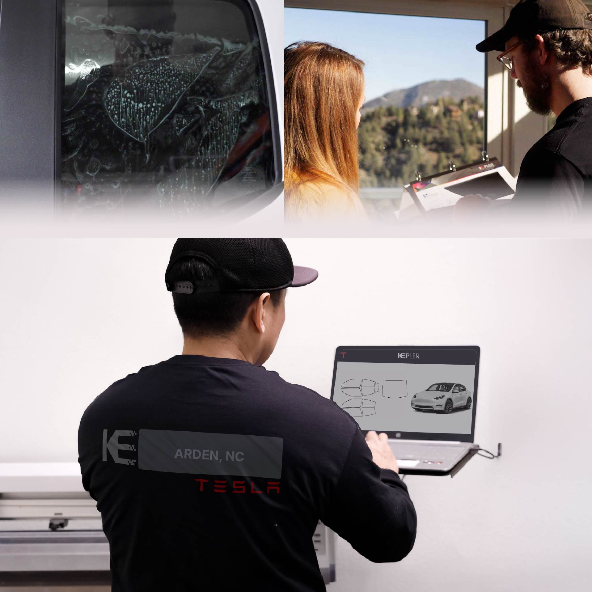 Expert Technician Installing High-tech Window Tint to Tesla in Arden