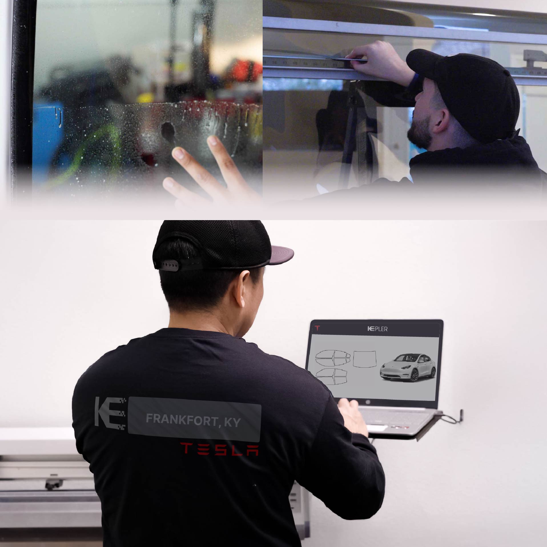 Expert Technician Applying Advanced Window Tint to Tesla in Frankfort