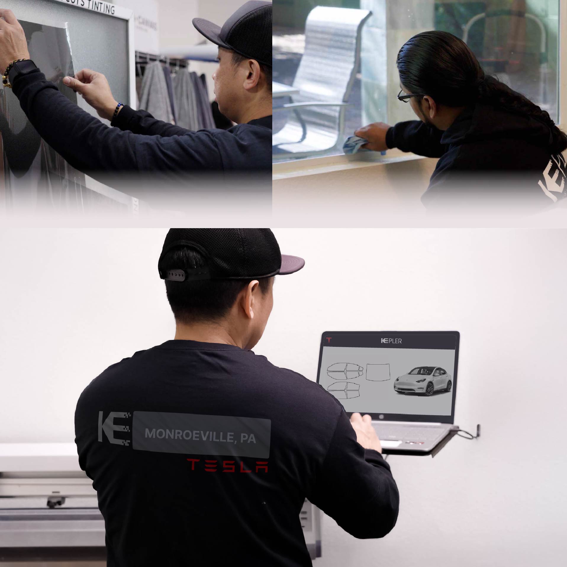 Expert Technician Fitting High-tech Window Tint to Tesla in Monroeville