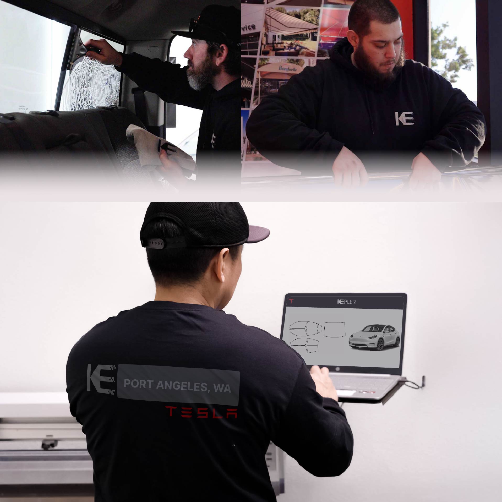 Kepler Technician Fitting High-tech Window Tint to Tesla in Port Angeles