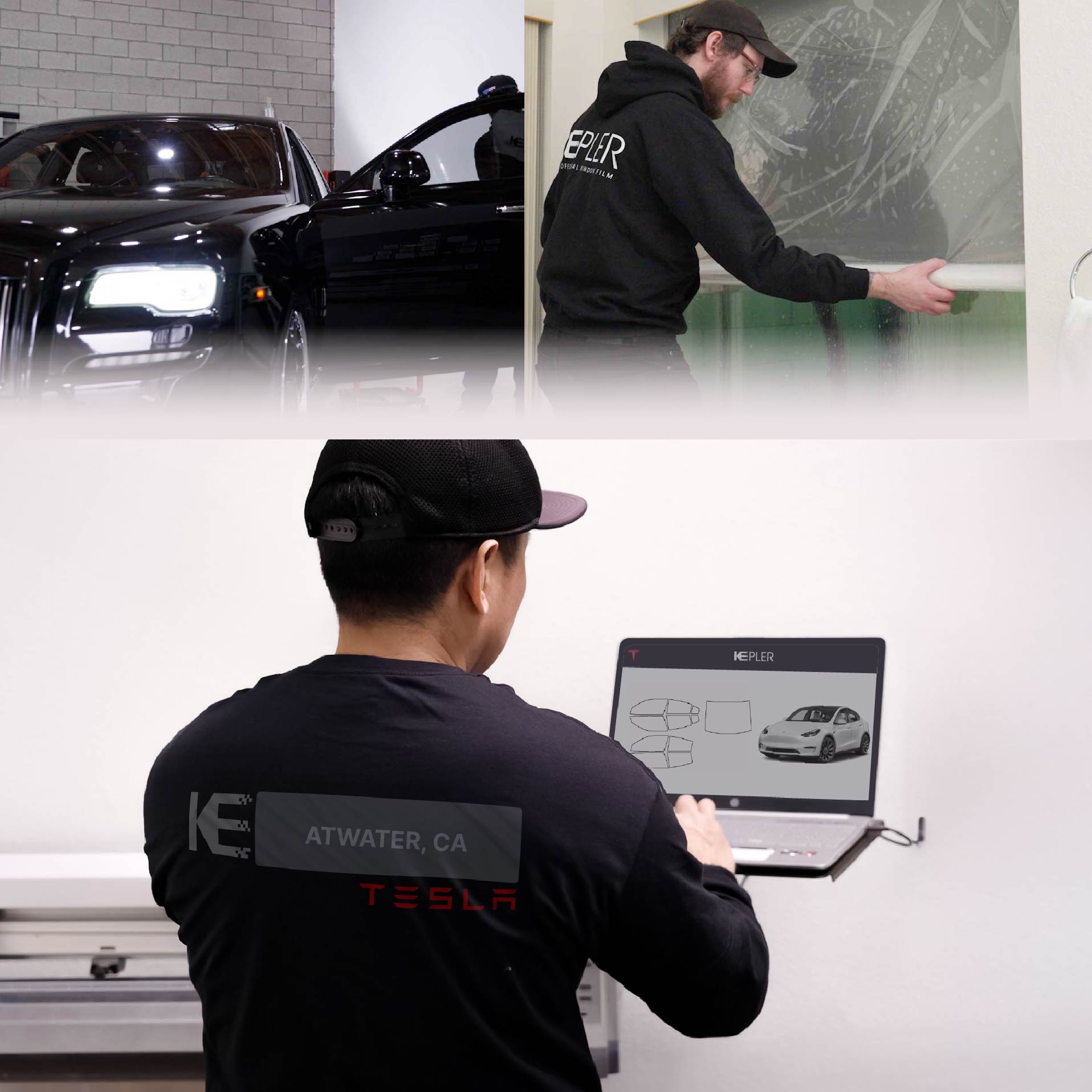 Kepler Technician Installing Advanced Window Tint to Tesla in Atwater