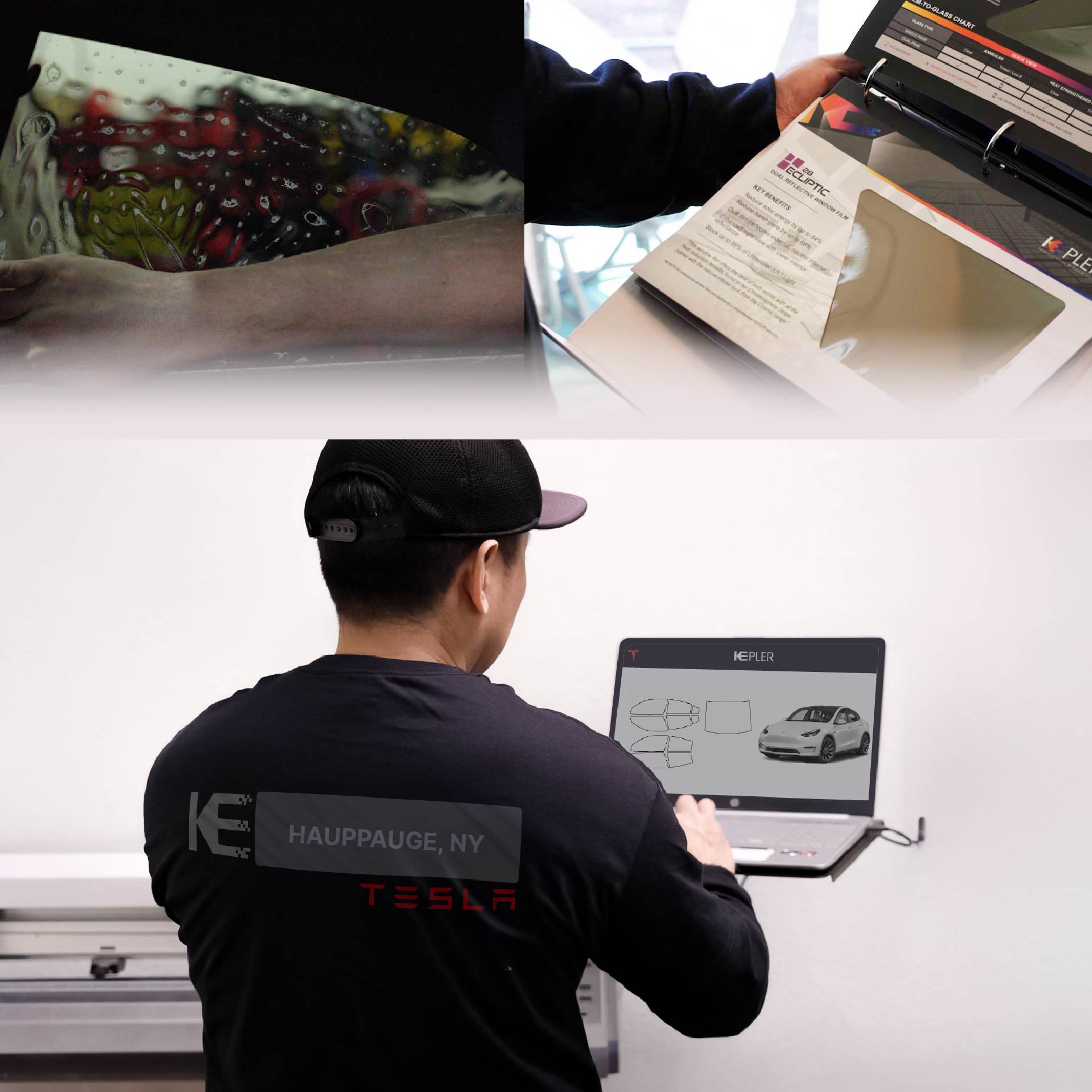 Kepler Technician Applying Ceramic Window Tint to Tesla in Hauppauge