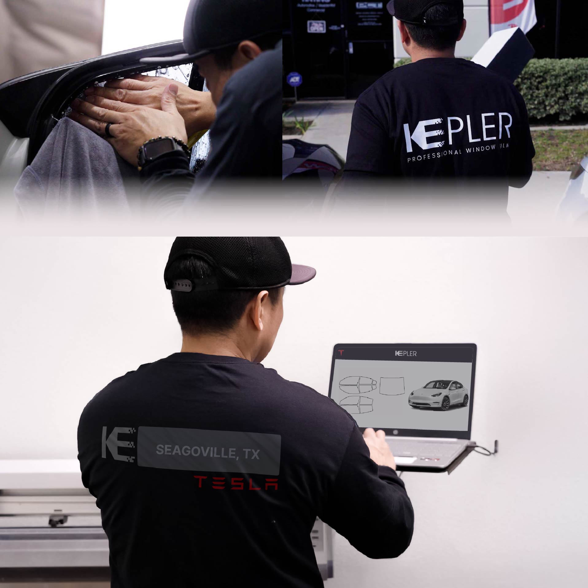 Expert Technician Installing Ceramic Window Tint to Tesla in Seagoville