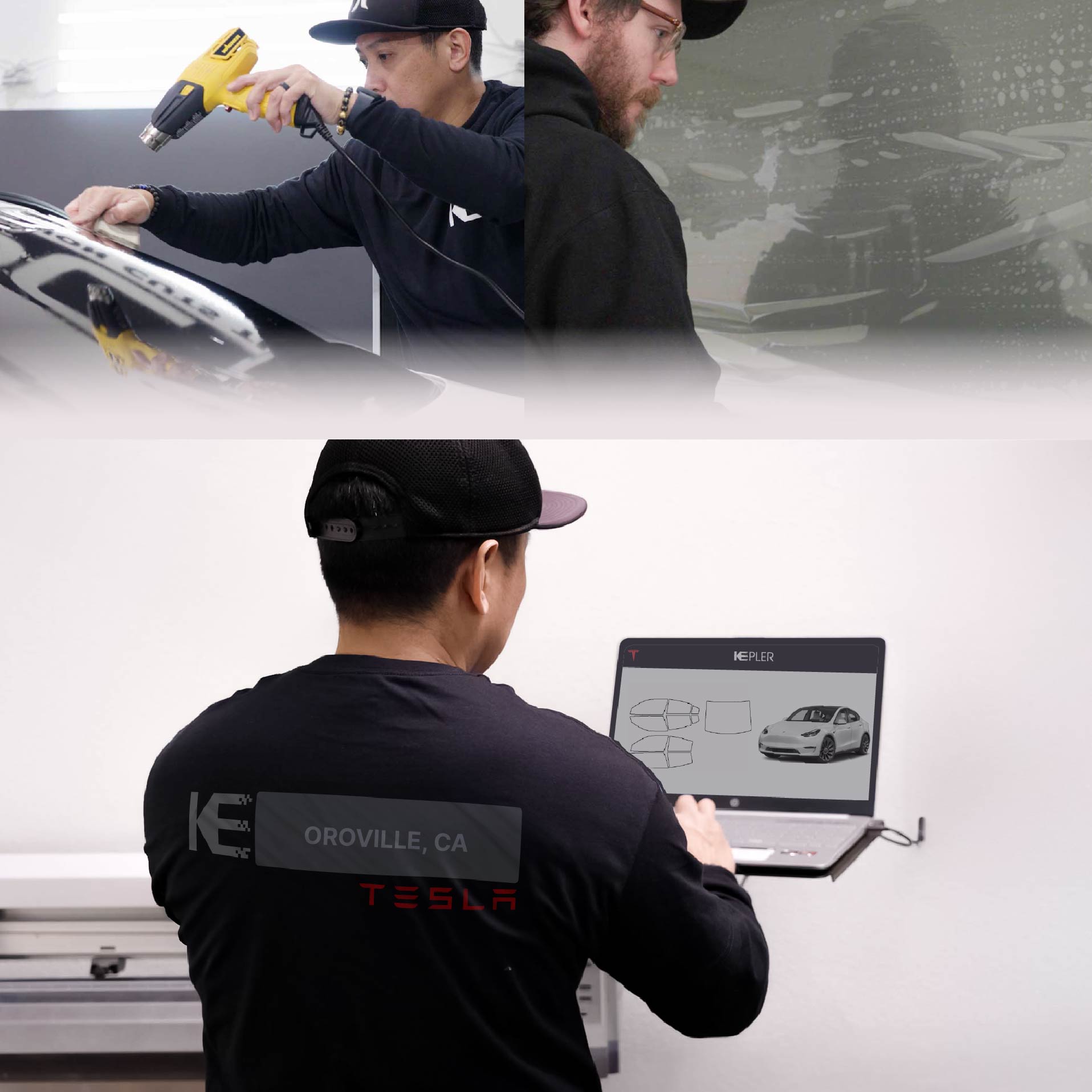 Kepler Technician Fitting Advanced Window Tint to Tesla in Oroville