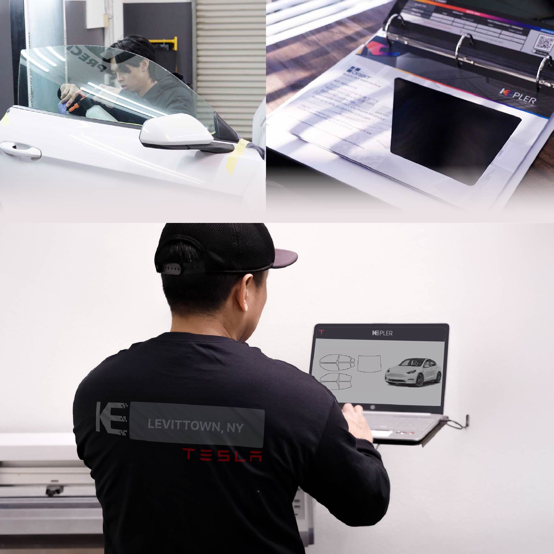 Kepler Technician Installing Advanced Window Tint to Tesla in Levittown