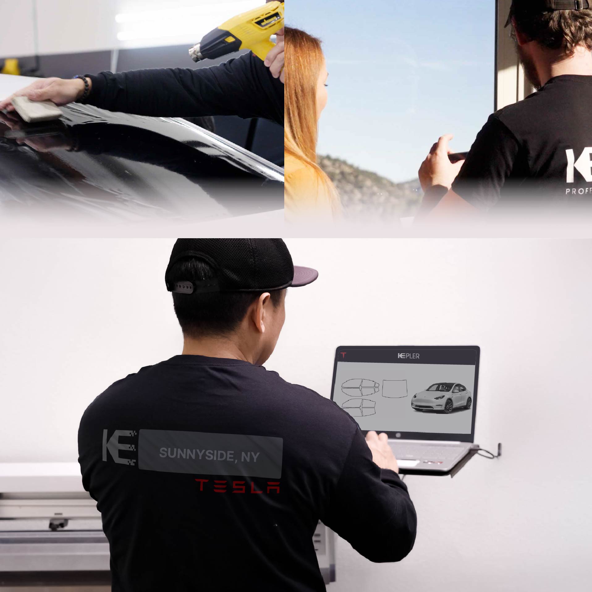 Expert Technician Installing Ceramic Window Tint to Tesla in Sunnyside