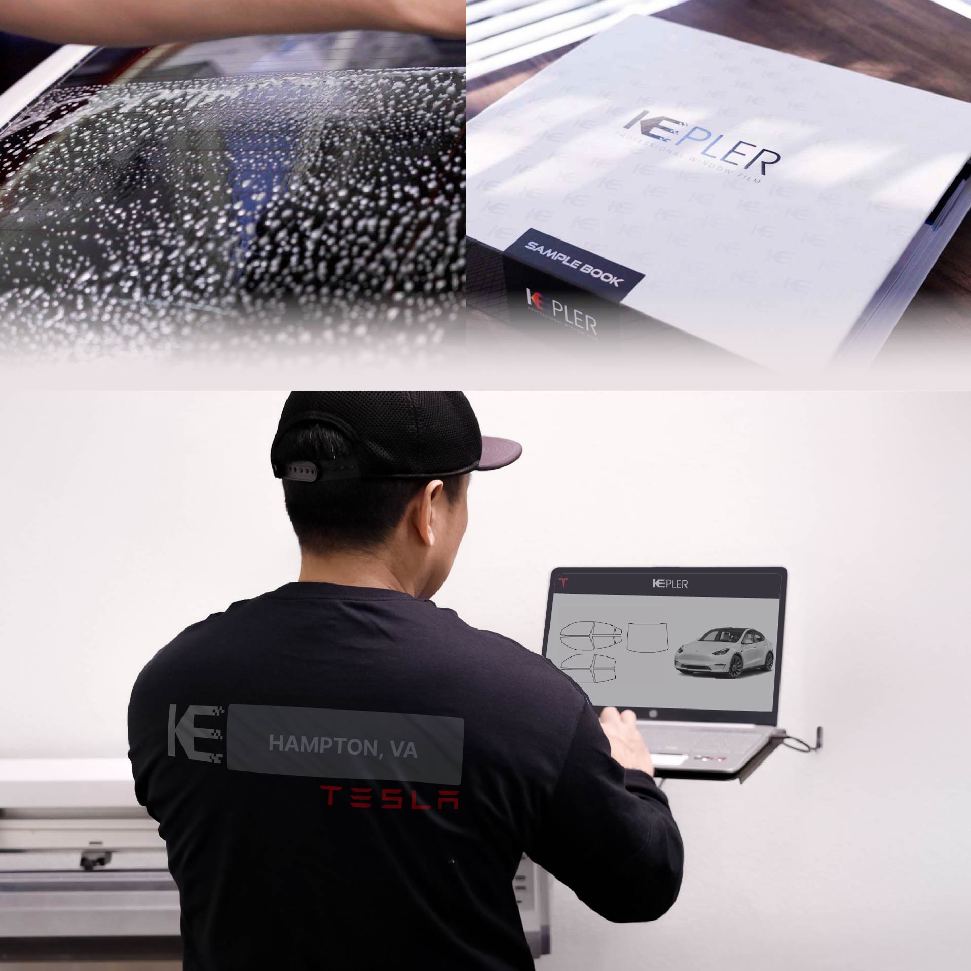Kepler Technician Fitting Advanced Window Tint to Tesla in Hampton